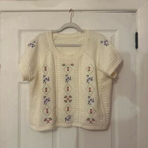 Cream Knit Sweater with Floral Embroidery